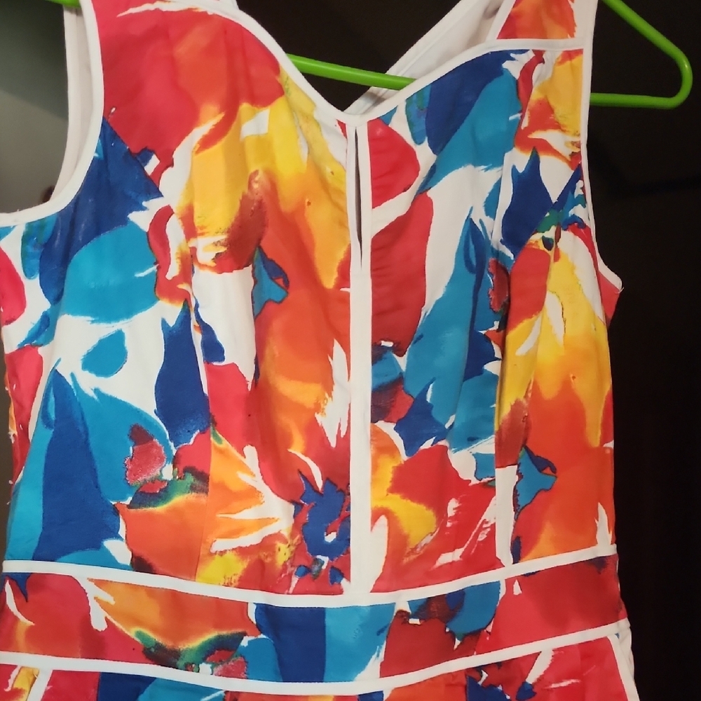 Vibrant Abstract Floral Fit & Flare Sleeveless Dress with White Pipin - Picture 2 of 7